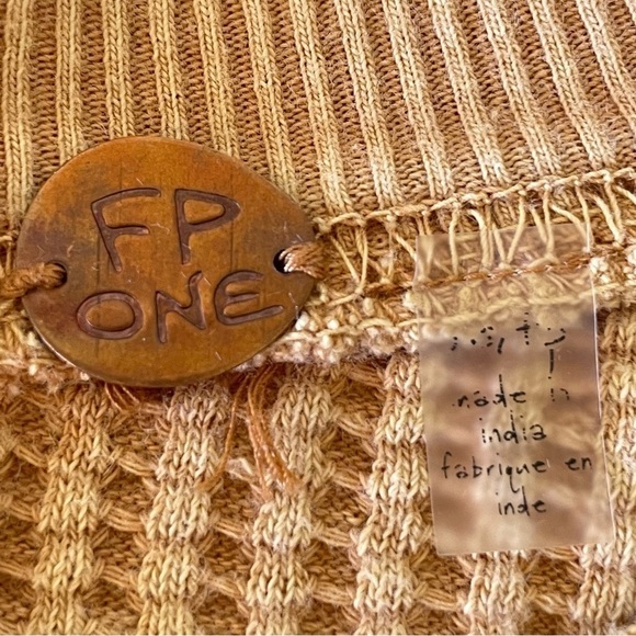 Free People One Tasha Thermal Waffle Knit Lace Up Puff Sleeve Top Dark Yellow XS - Picture 8 of 15